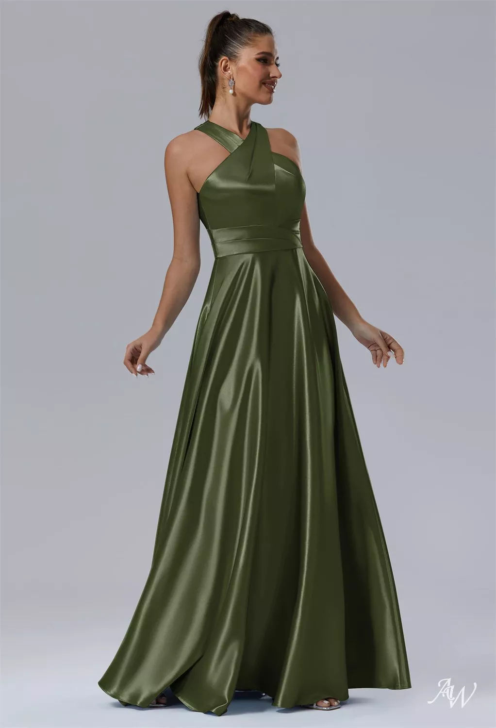 AW Kimberley Crystal Satin Green Olive Bridesmaid Dresses | AW.Bridal